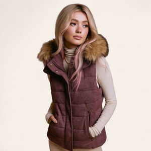 Banana Republic Factory Faux Fur Hood Lined Herringbone Puffer Vest Women's Sz S